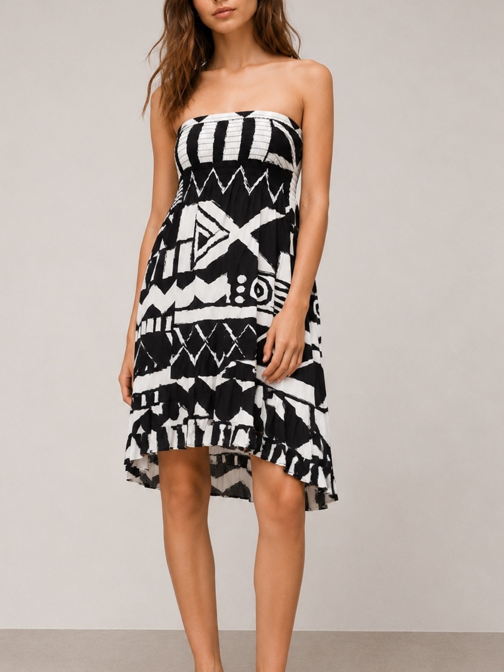 High low black white strapless dress